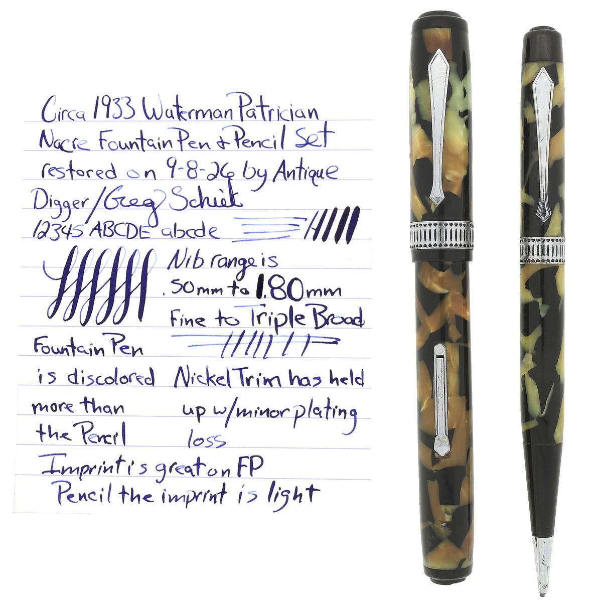 1933 WATERMAN PATRICIAN NACRE 14K FLEX NIB FOUNTAIN PEN & PENCIL SET R