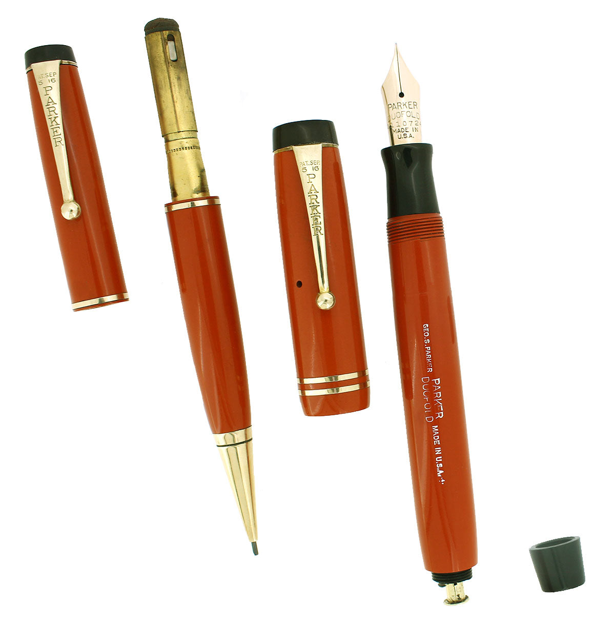 1934 PARKER ORANGE DUOFOLD SENIOR STREAMLINE FOUNTAIN PEN & PENCIL SET