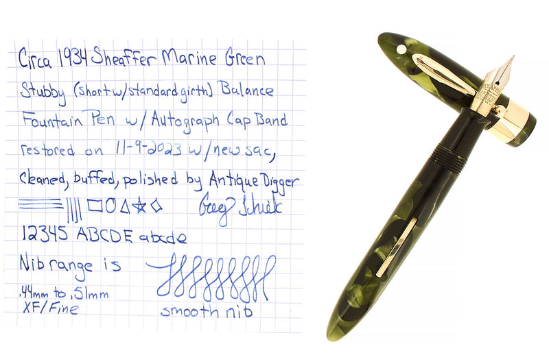 SCARCE C1934 SHEAFFER SHORTY BALANCE MARINE GREEN AUTOGRAPH FOUNTAIN PEN RESTORED OFFERED BY ANTIQUE DIGGER