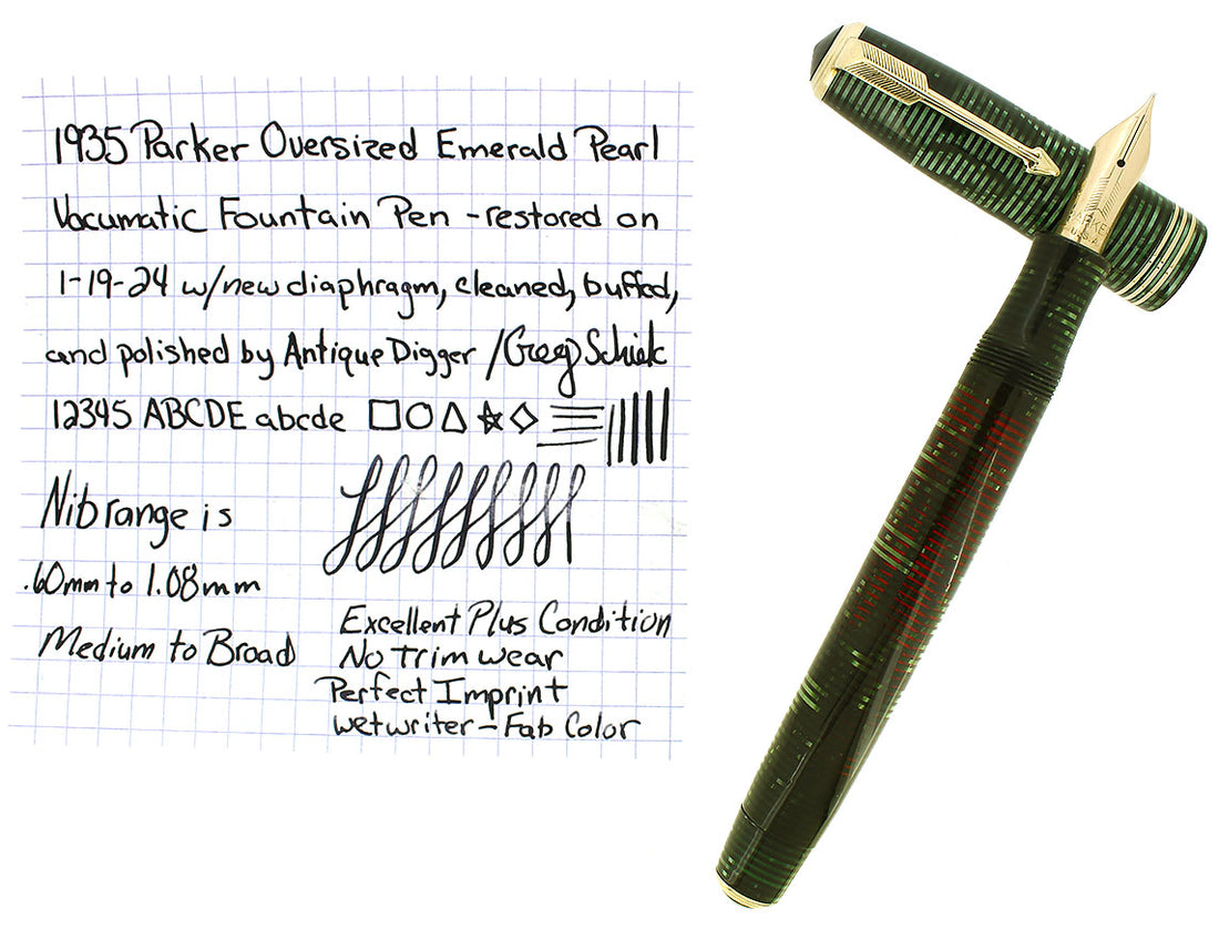 1935 PARKER VACUMATIC OVERSIZE EMERALD PEARL DOUBLE JEWEL FOUNTAIN PEN