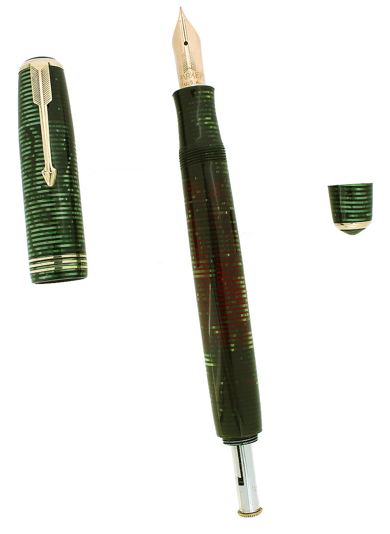 1935 PARKER VACUMATIC OVERSIZE EMERALD PEARL DOUBLE JEWEL FOUNTAIN PEN RESTORED OFFERED BY ANTIQUE DIGGER