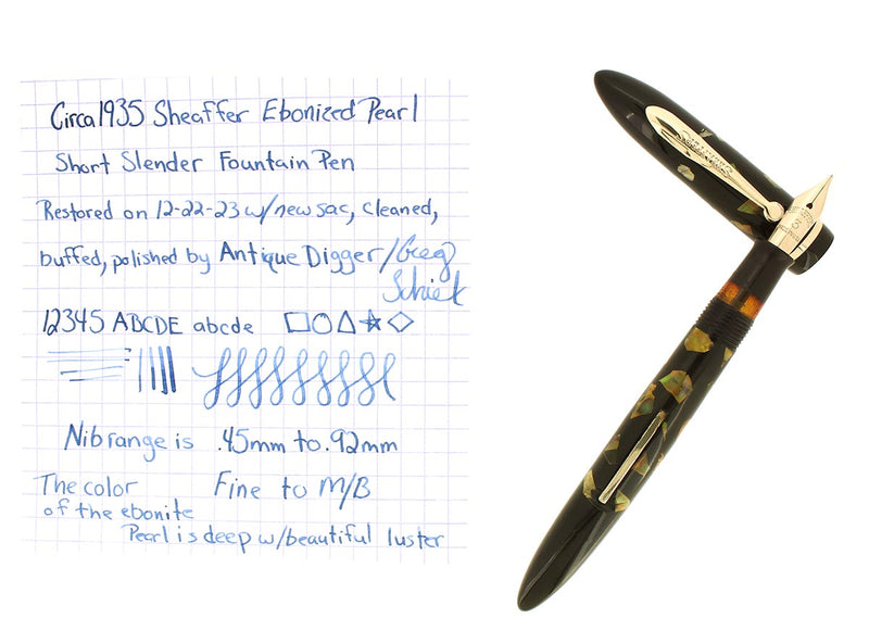 C1935 SHEAFFER SHORT SLENDER EBONIZED PEARL BALANCE FOUNTAIN PEN RESTORED OFFERED BY ANTIQUE DIGGER