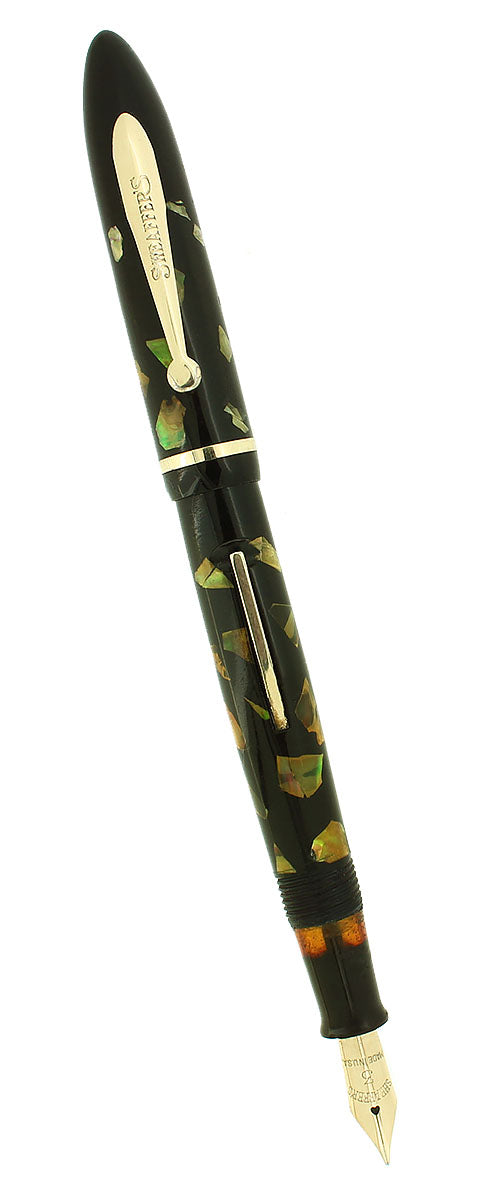 C1935 SHEAFFER SHORT SLENDER EBONIZED PEARL BALANCE FOUNTAIN PEN RESTORED OFFERED BY ANTIQUE DIGGER