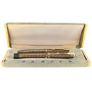 1936 PARKER GOLDEN WEB DOUBLE JEWEL VACUMATIC FOUNTAIN PEN & PENCIL SET RESTORED OFFERED BY ANTIQUE DIGGER