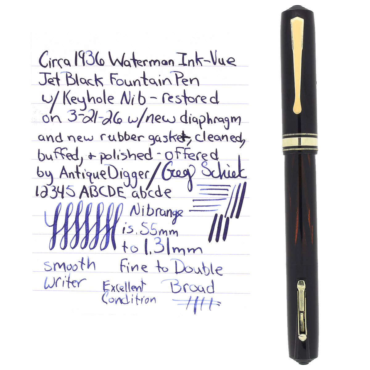 CIRCA 1936 WATERMAN DE LUXE INK-VUE JET BLACK 14K KEYHOLE FLEX NIB FOU