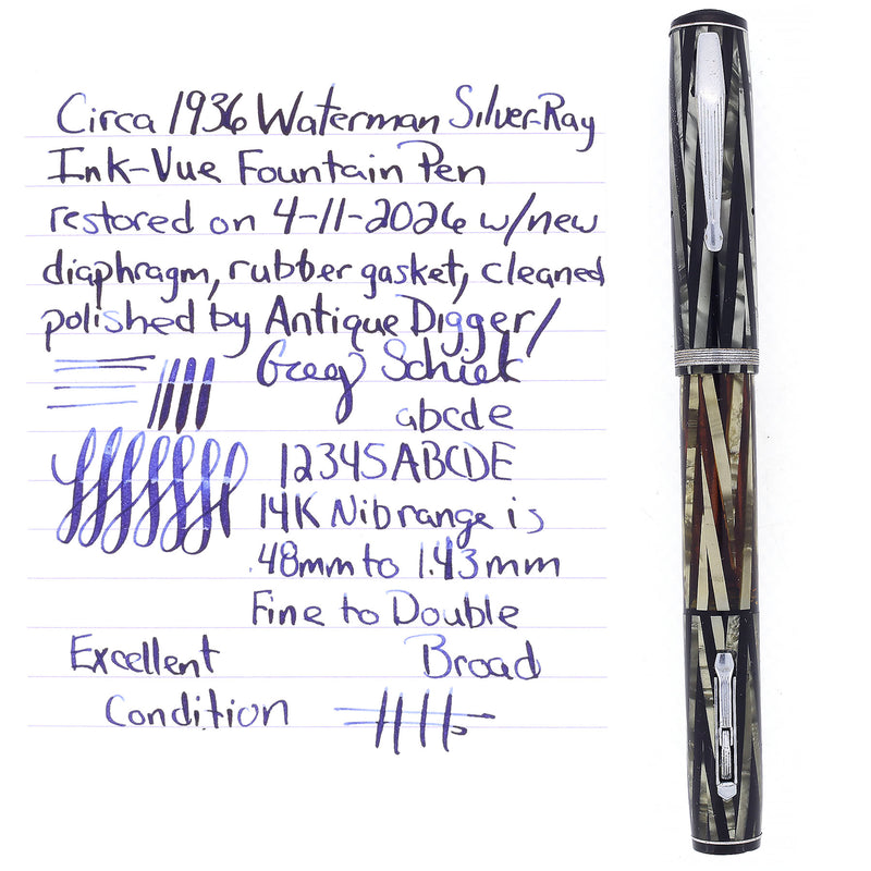 CIRCA 1936 WATERMAN INK-VUE SILVER RAY 14K RED KEYHOLE FLEX NIB FOUNTA