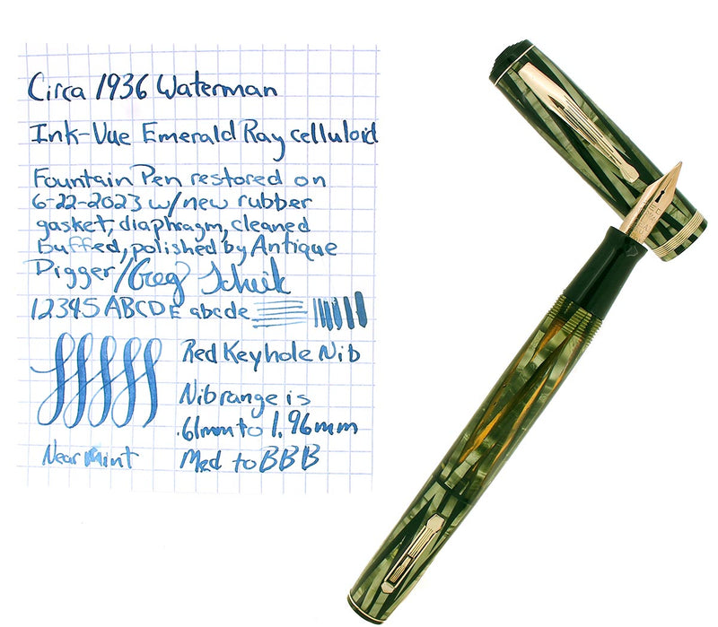 CIRCA 1936 WATERMAN INK VUE EMERALD RAY RED KEYHOLE FLEX NIB FOUNTAIN PEN RESTORED OFFERED BY ANTIQUE DIGGER