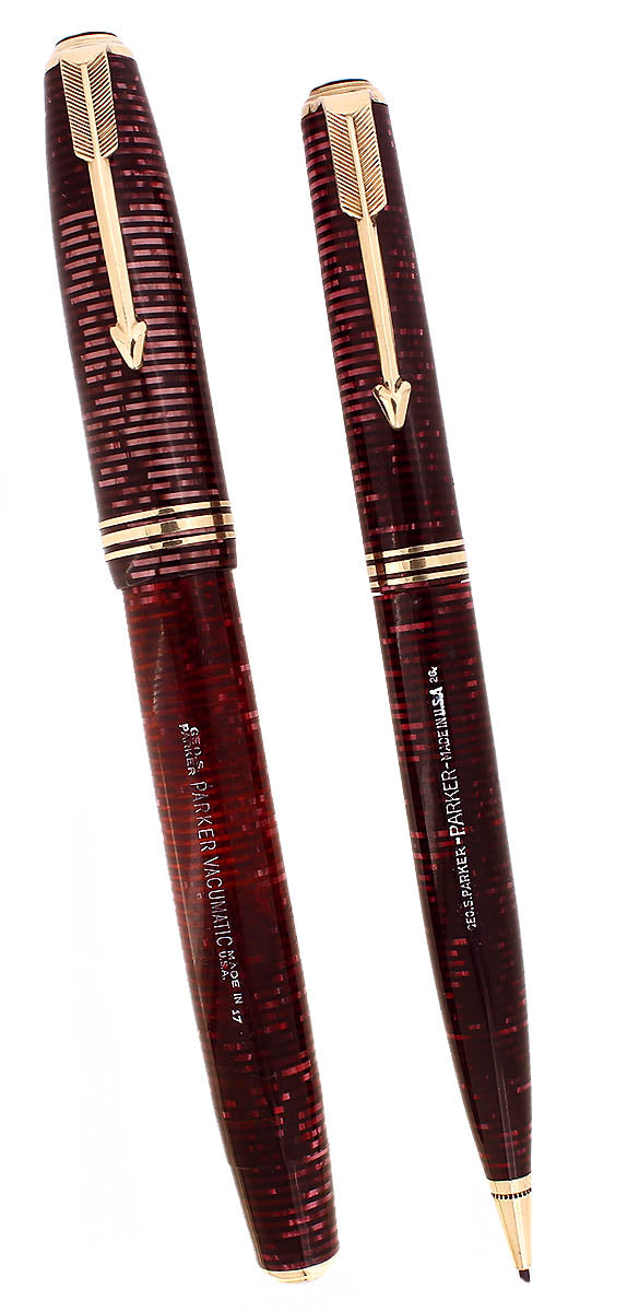 1937 PARKER VACUMATIC SENIOR BURGUNDY PEARL FOUNTAIN PEN & PENCIL RESTORED SCARCE OFFERED BY ANTIQUE DIGGER