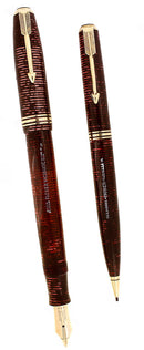 1937 PARKER VACUMATIC SENIOR BURGUNDY PEARL FOUNTAIN PEN & PENCIL RESTORED SCARCE OFFERED BY ANTIQUE DIGGER