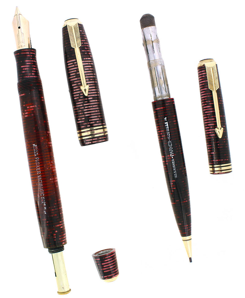 1937 PARKER VACUMATIC SENIOR BURGUNDY PEARL FOUNTAIN PEN & PENCIL RESTORED SCARCE OFFERED BY ANTIQUE DIGGER