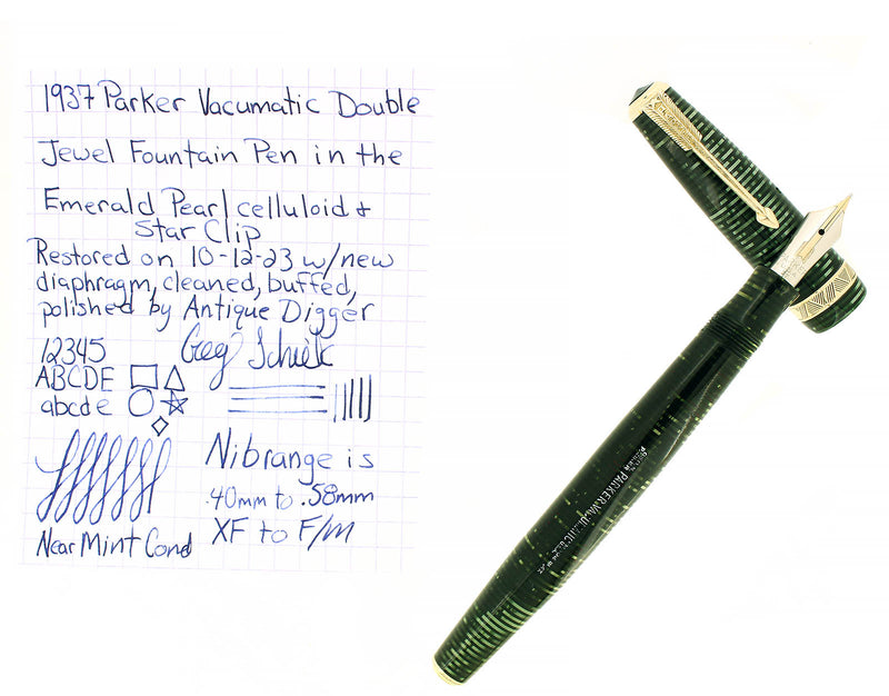 1937 PARKER VACUMATIC EMERALD PEARL DJ MAJOR STAR CLIP FOUNTAIN PEN RESTORED OFFERED BY ANTIQUE DIGGER
