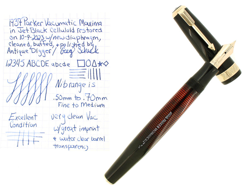 1937 PARKER JET BLACK SENIOR MAXIMA VACUMATIC FOUNTAIN PEN RESTORED OFFERED BY ANTIQUE DIGGER