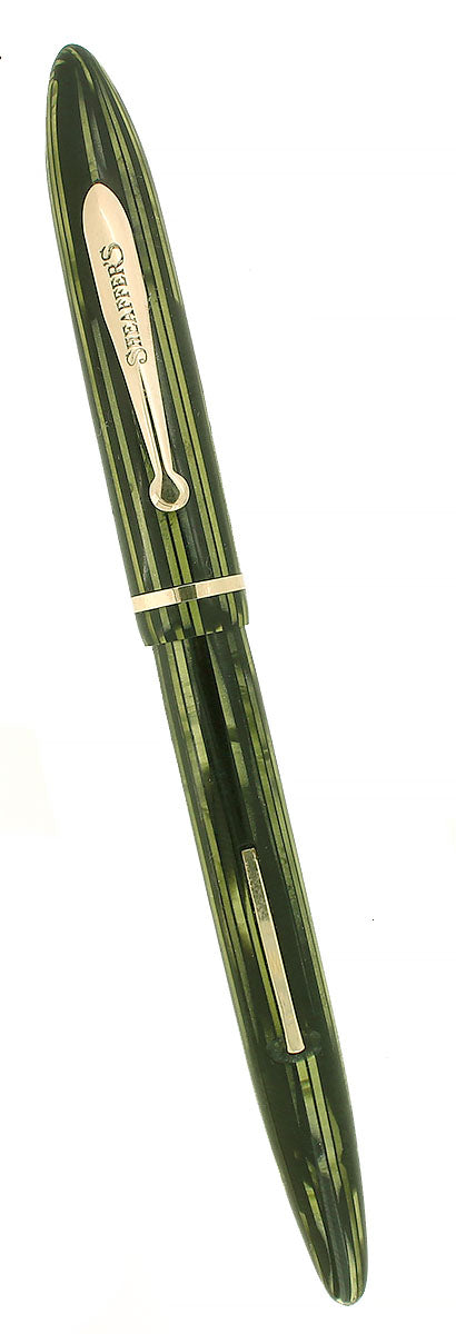 C1937 SHEAFFER LONG SLENDER 350 BALANCE MARINE GREEN STRIATED FOUNTAIN PEN RESTORED OFFERED BY ANTIQUE DIGGER
