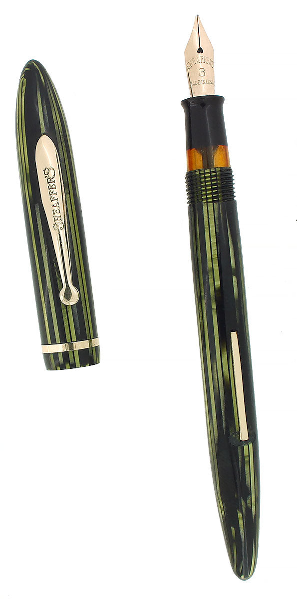 C1937 SHEAFFER LONG SLENDER 350 BALANCE MARINE GREEN STRIATED FOUNTAIN PEN RESTORED OFFERED BY ANTIQUE DIGGER