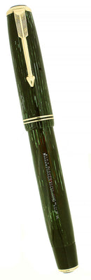 1938 PARKER SHADOW WAVE VACUMATIC GREEN PEARL DOUBLE JEWEL FOUNTAIN PEN RESTORED OFFERED BY ANTIQUE DIGGER