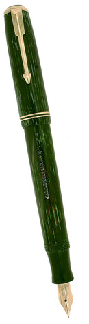 1938 PARKER SHADOW WAVE VACUMATIC GREEN PEARL DOUBLE JEWEL FOUNTAIN PEN RESTORED OFFERED BY ANTIQUE DIGGER