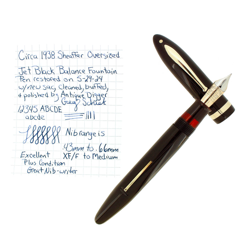 C1938 SHEAFFER JET BLACK OVERSIZE BALANCE FOUNTAIN PEN RESTORED OFFERED BY ANTIQUE DIGGER