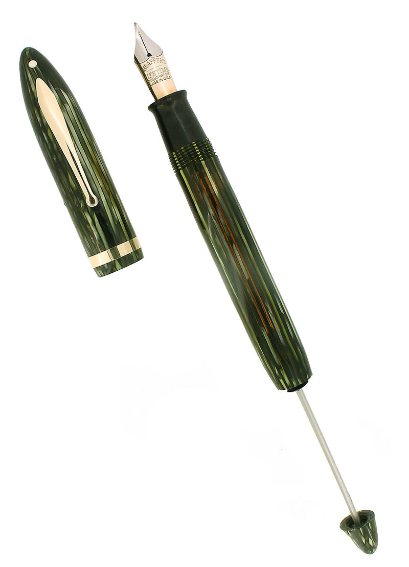 C1938 SHEAFFER MARINE GREEN STRIATED OVERSIZED BALANCE PLUNGER FILL FOUNTAIN PEN RESTORED OFFERED BY ANTIQUE DIGGER