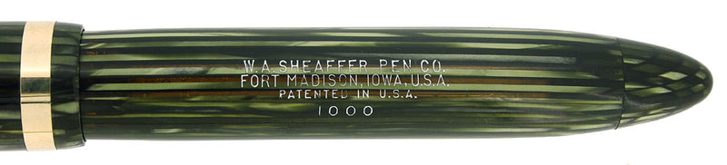 C1938 SHEAFFER MARINE GREEN STRIATED OVERSIZED BALANCE PLUNGER FILL FOUNTAIN PEN RESTORED OFFERED BY ANTIQUE DIGGER