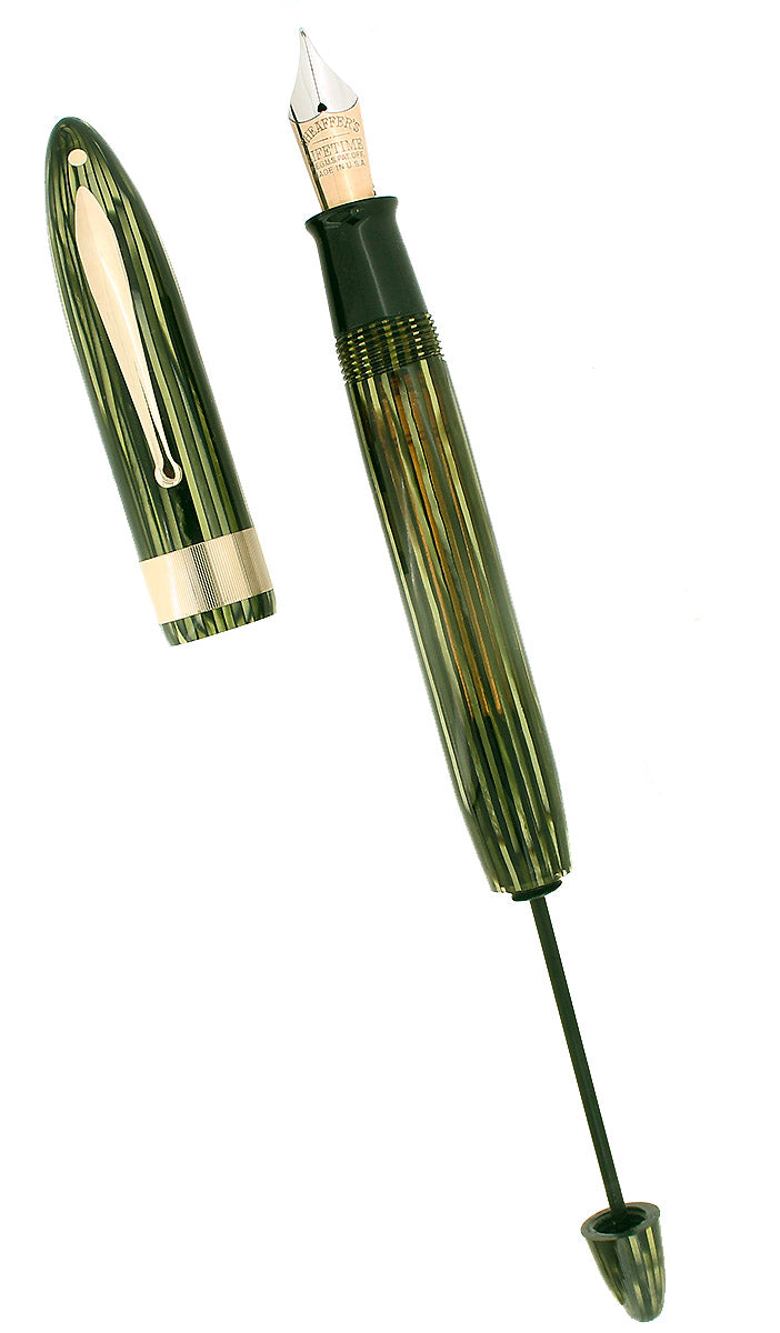 C1938 SHEAFFER GREEN STRIATED OVERSIZE BALANCE OFF CATALOG JEWELERS BAND FOUNTAIN PEN RESTORED OFFERED BY ANTIQUE DIGGER