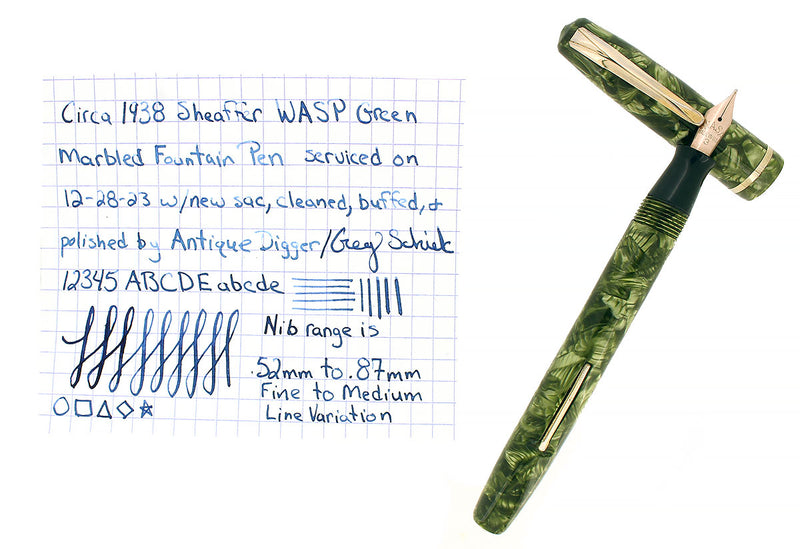 C1938 SHEAFFER WASP GREEN MARBLE FOUNTAIN PEN RESTORED OFFERED BY ANTIQUE DIGGER