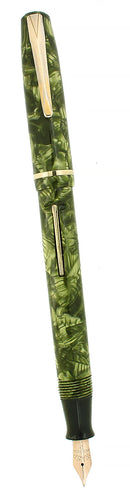 C1938 SHEAFFER WASP GREEN MARBLE FOUNTAIN PEN RESTORED OFFERED BY ANTIQUE DIGGER