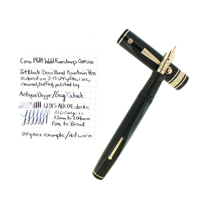 C1928 WAHL EVERSHARP JET BLACK OVERSIZE DECO BAND FOUNTAIN PEN RESTORED OFFERED BY ANTIQUE DIGGER