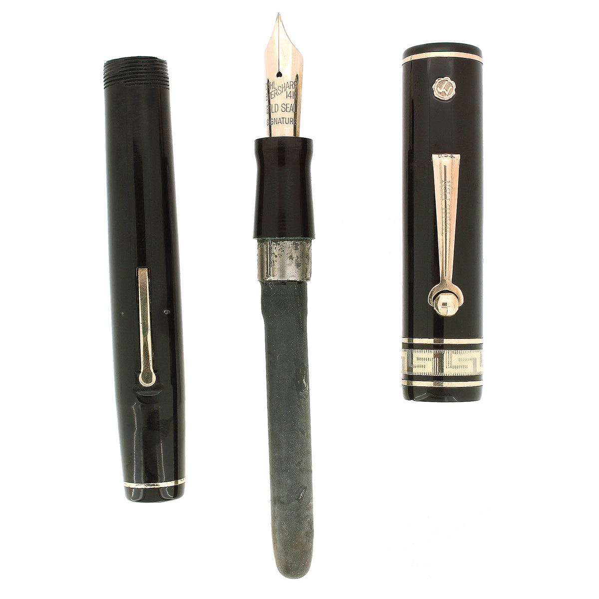 1930s WAHL EVERSHARP GOLD SEAL OVERSIZE DECO BAND FOUNTAIN PEN SET