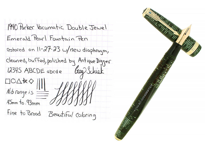 1940 PARKER VACUMATIC EMERALD PEARL DOUBLE JEWEL MAJOR FOUNTAIN PEN RESTORED OFFERED BY ANTIQUE DIGGER
