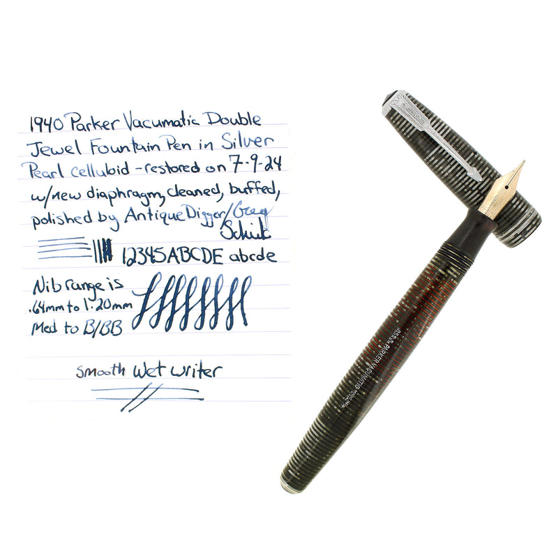 1940 PARKER VACUMATIC SILVER PEARL DOUBLE JEWEL FOUNTAIN PEN RESTORED OFFERED BY ANTIQUE DIGGER