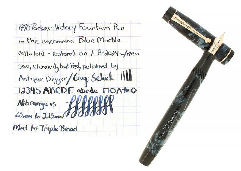 CIRCA 1941 PARKER VICTORY BLUE MARBLE M-BBB FLEX NIB 2.15MM FOUNTAIN PEN RESTORED OFFERED BY ANTIQUE DIGGER