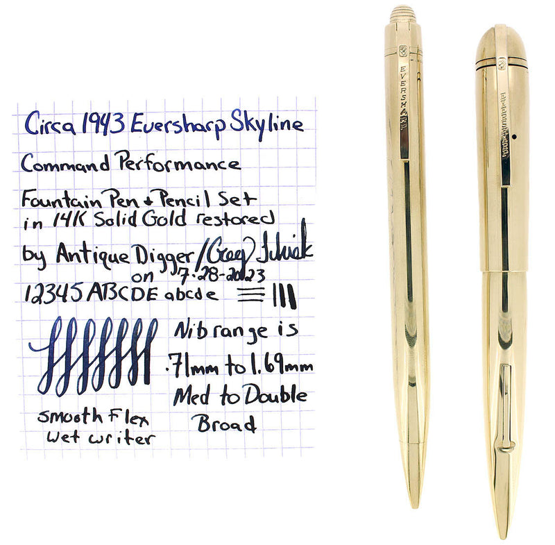 C1943 EVERSHARP COMMAND PERFORMANCE SKYLINE 14K SOLID GOLD FOUNTAIN PEN & PENCIL SET RESTORED OFFERED BY ANTIQUE DIGGER