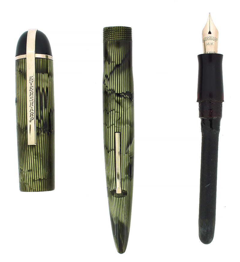 CIRCA 1943 EVERSHARP SKYLINE GREEN MOIRE CELLULOID FOUNTAIN PEN RESTORED OFFERED BY ANTIQUE DIGGER