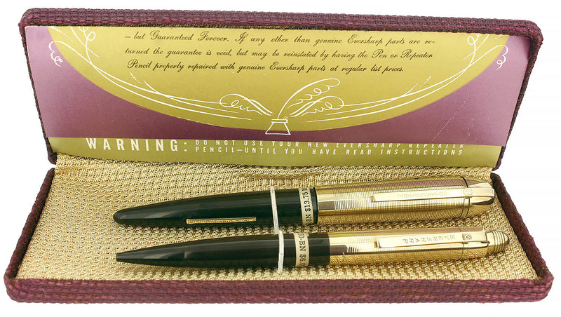 C1943 EVERSHARP SKYLINE GOLD CAPS BROWN BARREL FOUNTAIN PEN & PENCIL SET MINT STICKERED OFFERED BY ANTIQUE DIGGER
