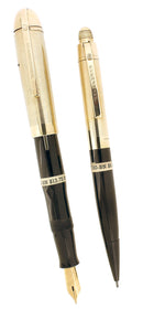 C1943 EVERSHARP SKYLINE GOLD CAPS BROWN BARREL FOUNTAIN PEN & PENCIL SET MINT STICKERED OFFERED BY ANTIQUE DIGGER