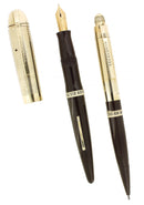 C1943 EVERSHARP SKYLINE GOLD CAPS BROWN BARREL FOUNTAIN PEN & PENCIL SET MINT STICKERED OFFERED BY ANTIQUE DIGGER