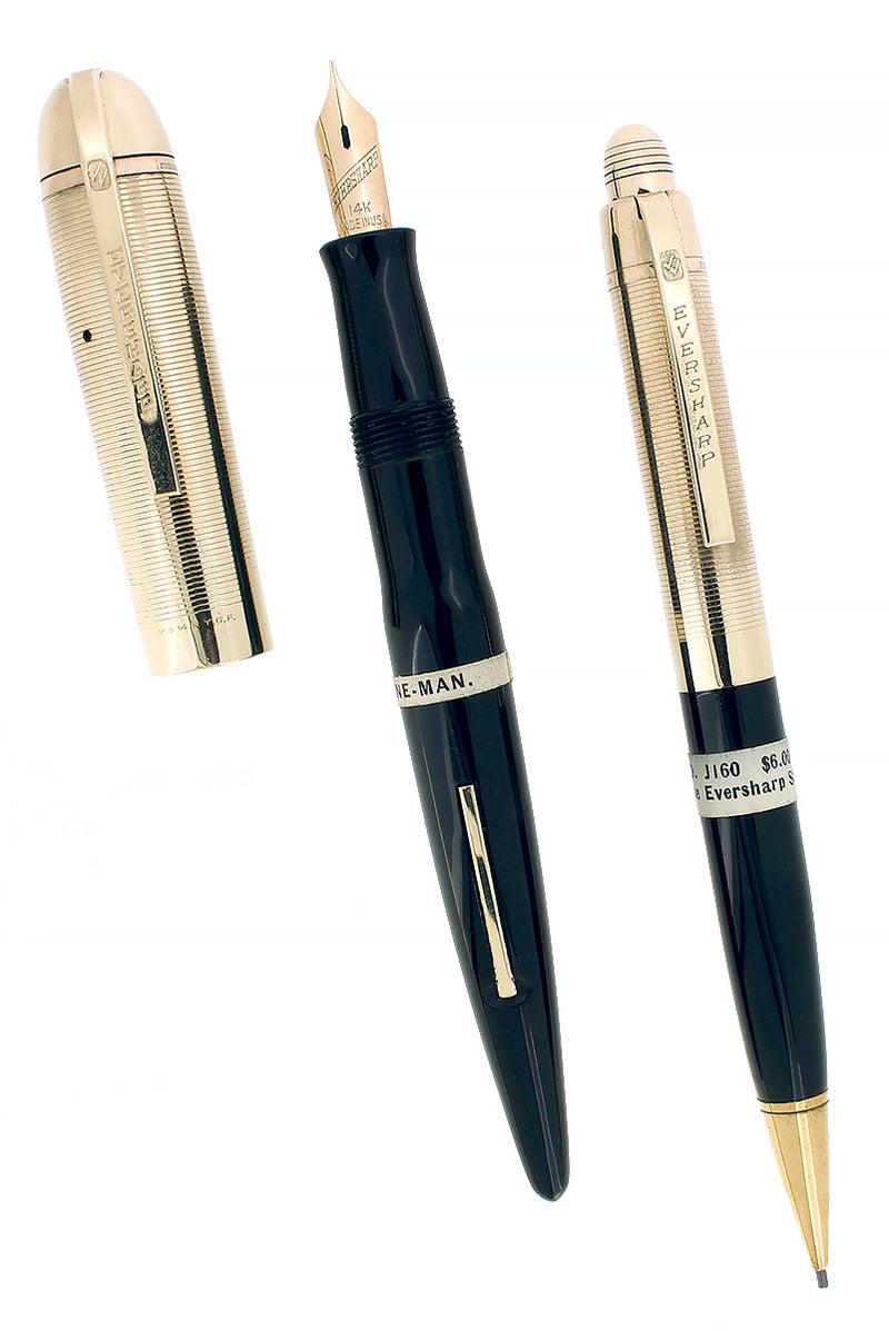 C1943 EVERSHARP SKYLINE GOLD CAPS BLACK BARREL FOUNTAIN PEN & PENCIL SET MINT STICKERED OFFERED BY ANTIQUE DIGGER