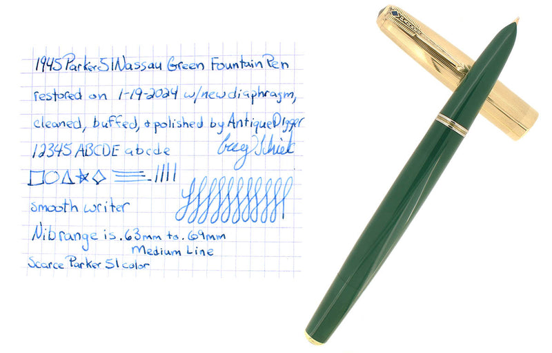 1945 PARKER 51 NASSAU GREEN DOUBLE JEWEL FOUNTAIN PEN RESTORED OFFERED BY ANTIQUE DIGGER