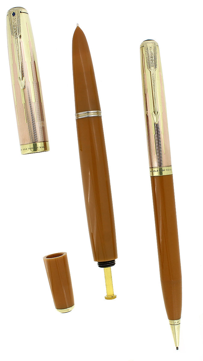 RARE 1945 PARKER 51 EMPIRE CAP YELLOWSTONE FOUNTAIN PEN & PENCIL SET RESTORED OFFERED BY ANTIQUE DIGGER