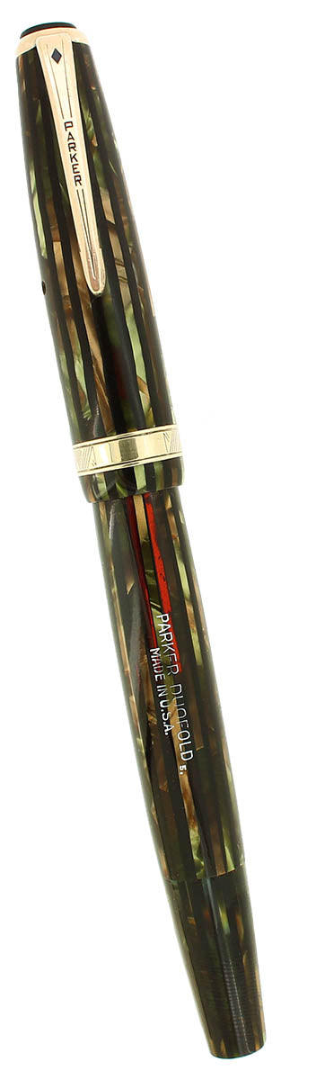 1945 PARKER DUOFOLD SENIOR GREEN GOLD CELLULOID FOUNTAIN PEN RESTORED OFFERED BY ANTIQUE DIGGER