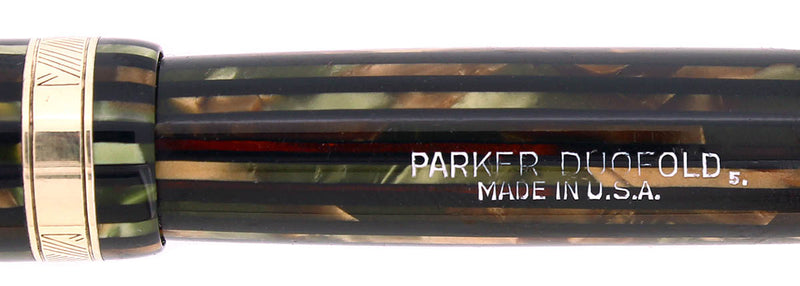 1945 PARKER DUOFOLD SENIOR GREEN GOLD CELLULOID FOUNTAIN PEN RESTORED OFFERED BY ANTIQUE DIGGER