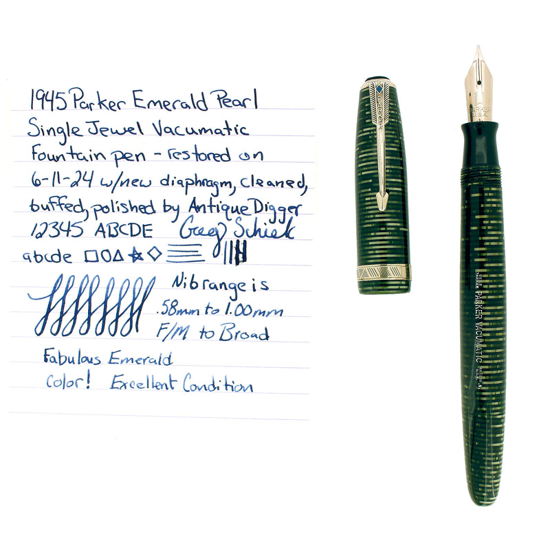 1945 PARKER VACUMATIC MAJOR EMERALD PEARL FOUNTAIN PEN RESTORED OFFERED BY ANTIQUE DIGGER