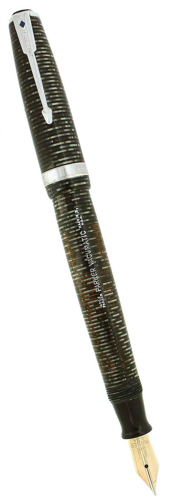 1945 PARKER SILVER PEARL VACUMATIC COIN STACK CAP MAJOR FOUNTAIN PEN RESTORED OFFERED BY ANTIQUE DIGGER