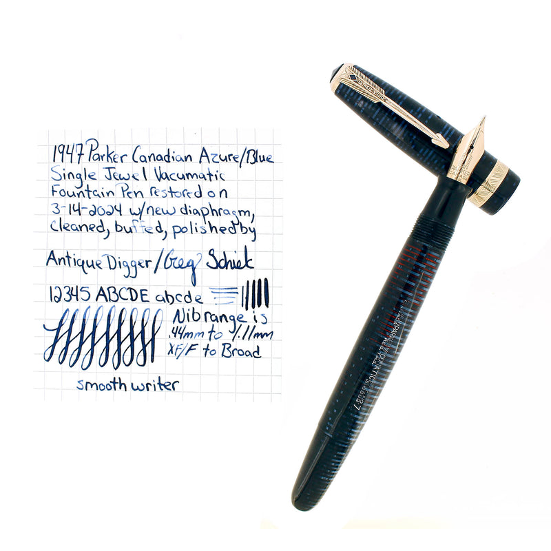 1947 PARKER AZURE PEARL VACUMATIC FOUNTAIN PEN SEMIFLEX NIB RESTORED OFFERED BY ANTIQUE DIGGER