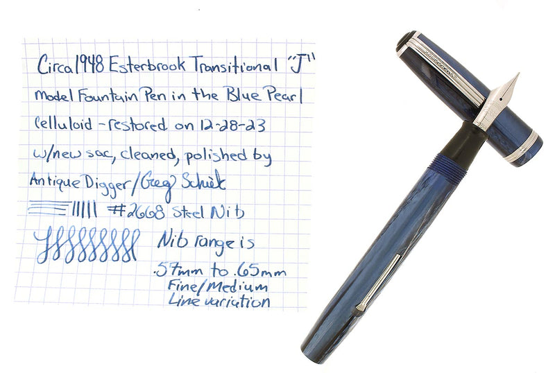 C1948 ESTERBROOK TRANSITIONAL J BLUE PEARL 2668 NIB FOUNTAIN PEN RESTORED OFFERED BY ANTIQUE DIGGER