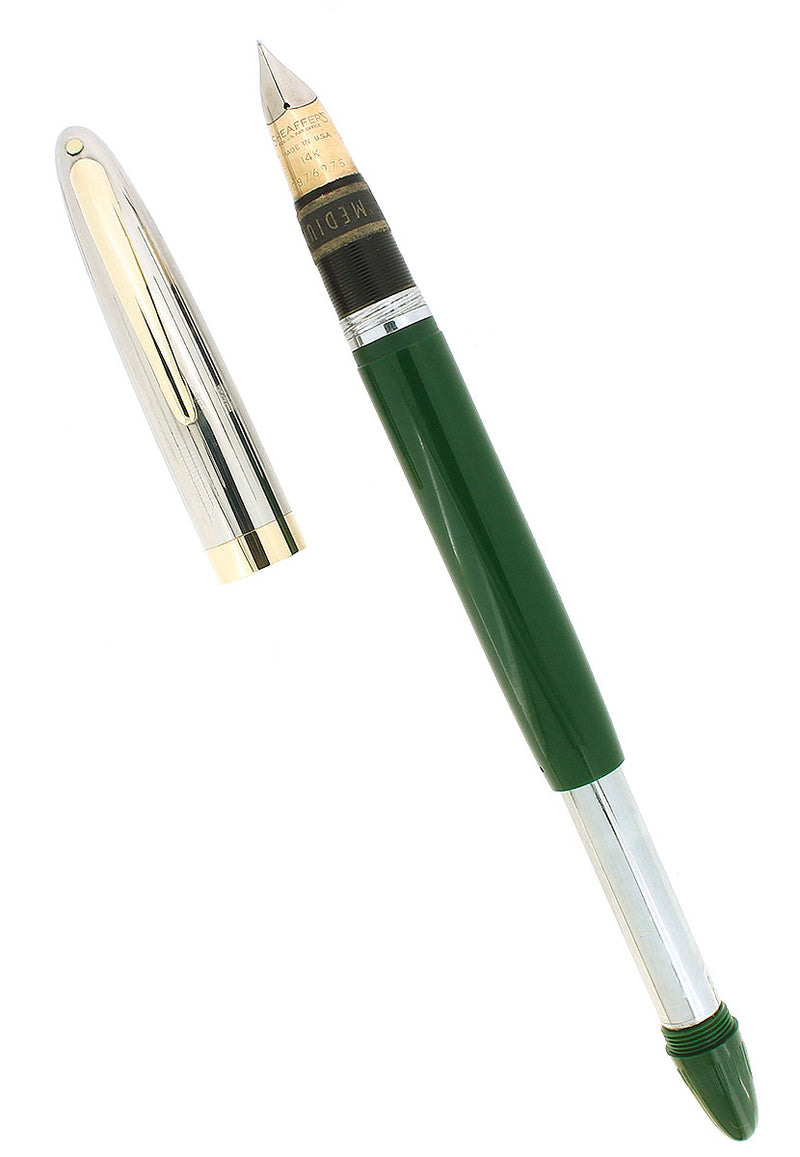 CIRCA 1949 SHEAFFER SENTINEL DELUXE GREEN TOUCHDOWN FOUNTAIN PEN NEVER INKED NOS STICKERED CONDITION OFFERED BY ANTIQUE DIGGER