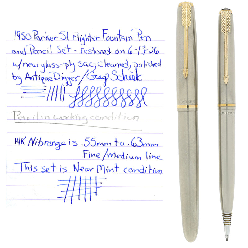 1950 PARKER 51 STAINLESS STEEL FLIGHTER AEROMETRIC FOUNTAIN PEN & PENC