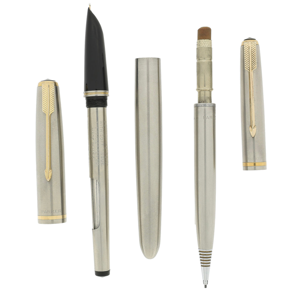 1950 PARKER 51 STAINLESS STEEL FLIGHTER AEROMETRIC FOUNTAIN PEN & PENC
