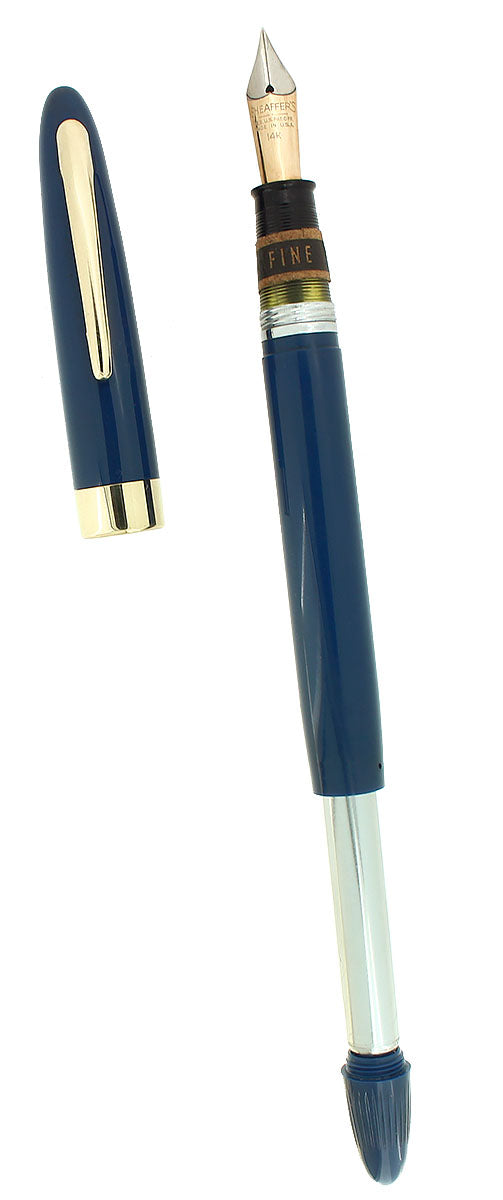 CIRCA 1950 SHEAFFER TOUCHDOWN SOVEREIGN FOUNTAIN PEN PERSIAN BLUE NEW OLD STOCK STICKERED OFFERED BY ANTIQUE DIGGER
