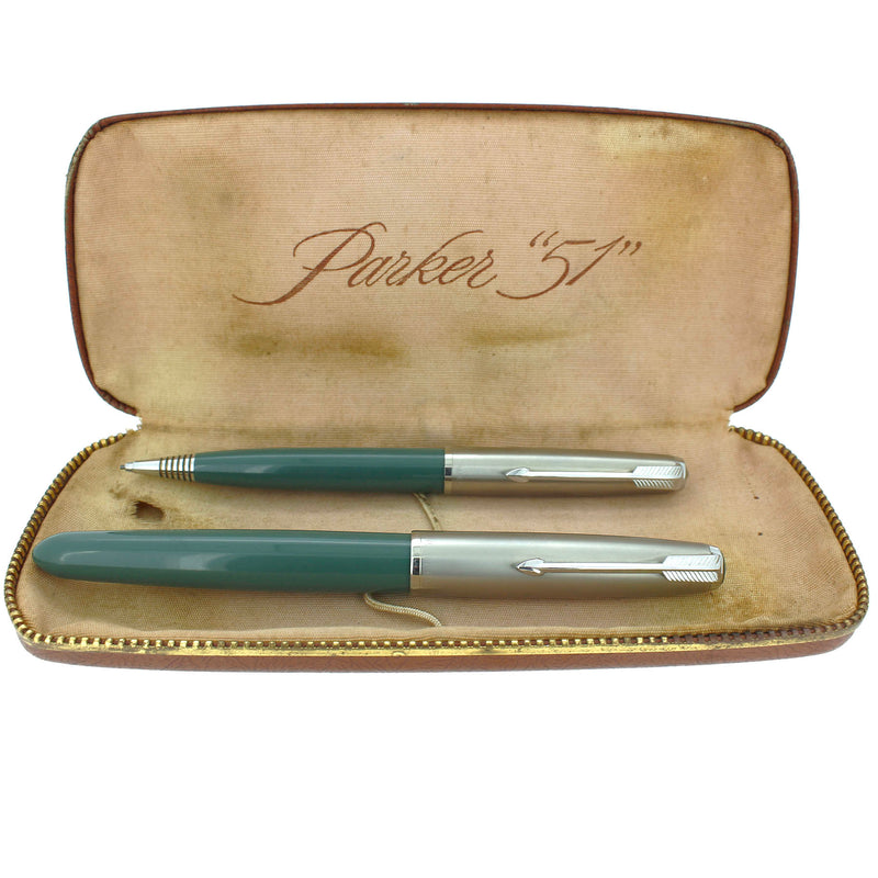 1951 PARKER 51 NAVY GREY AEROMETRIC FOUNTAIN PEN & PENCIL RESTORED MINT OFFERED BY ANTIQUE DIGGER